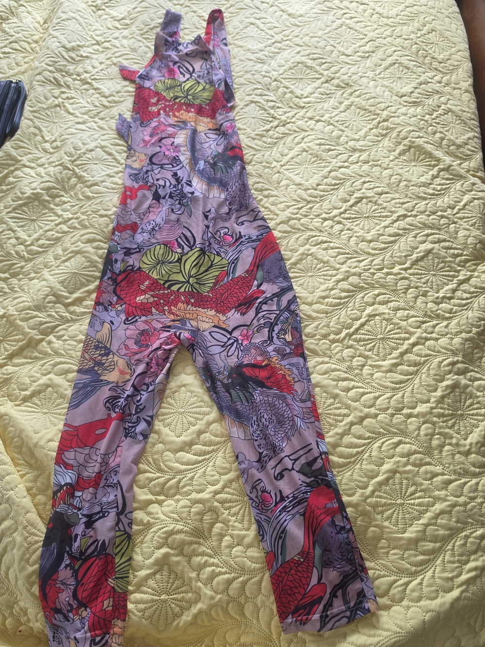 Source Unknown Pink Jumpsuit with Red, Green & Black Koi Print
